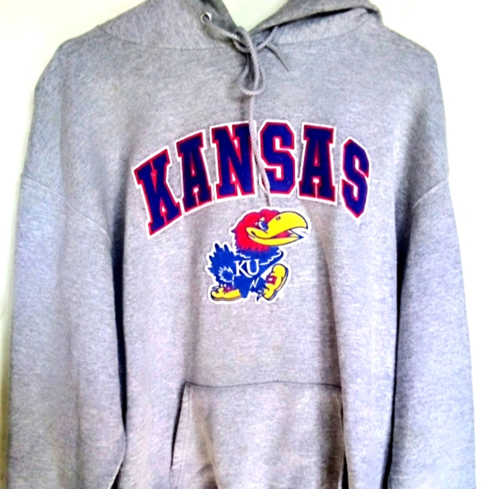 A gray Kansas jayhawk hoodie.